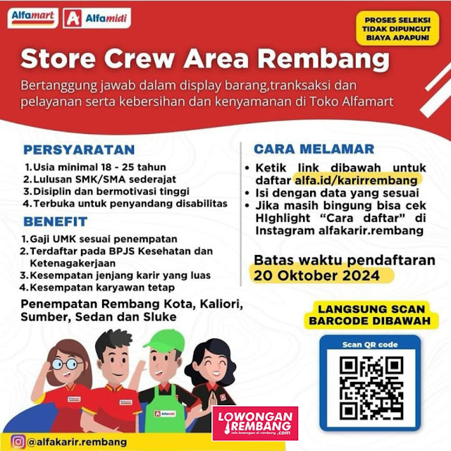 Lowongan Kerja Pegawai Store Crew PT Sumber Alfaria Trijaya Tbk Alfamart Rembang