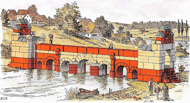 from a 1900 toy catalog,  a color illustration of an imaginary toy-block bridge