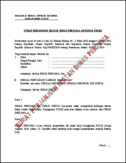 Contoh Surat Perjanjian Ikatan Dinas Pertama Anggota Polri 2020 Format Administrasi Desa