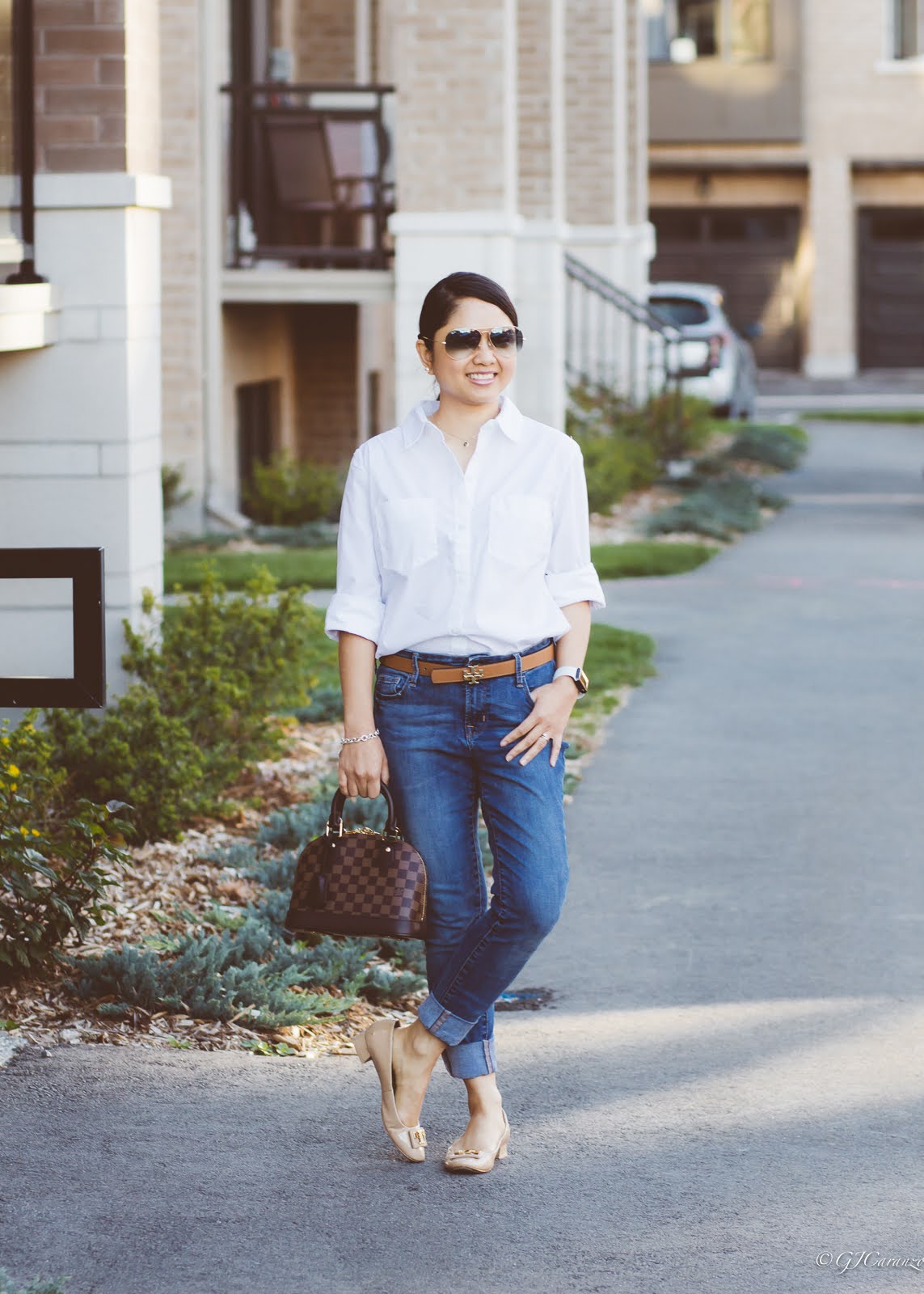 Levi Strauss White Shirt | Old Navy Blue Jeans | Tory Burch Reversible Belt | Ray Ban Aviator Sunglasses | Louis Vuitton Alma BB | Gigi Patent Pumps | Mom Style | Petite Fashion