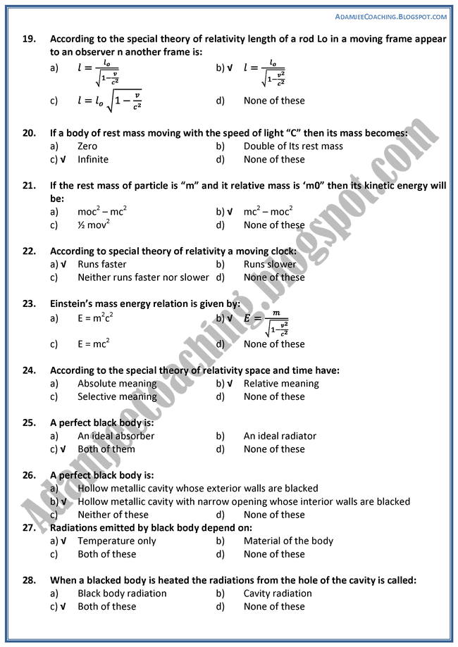 Physics Advent of Modern Physics Mcqs