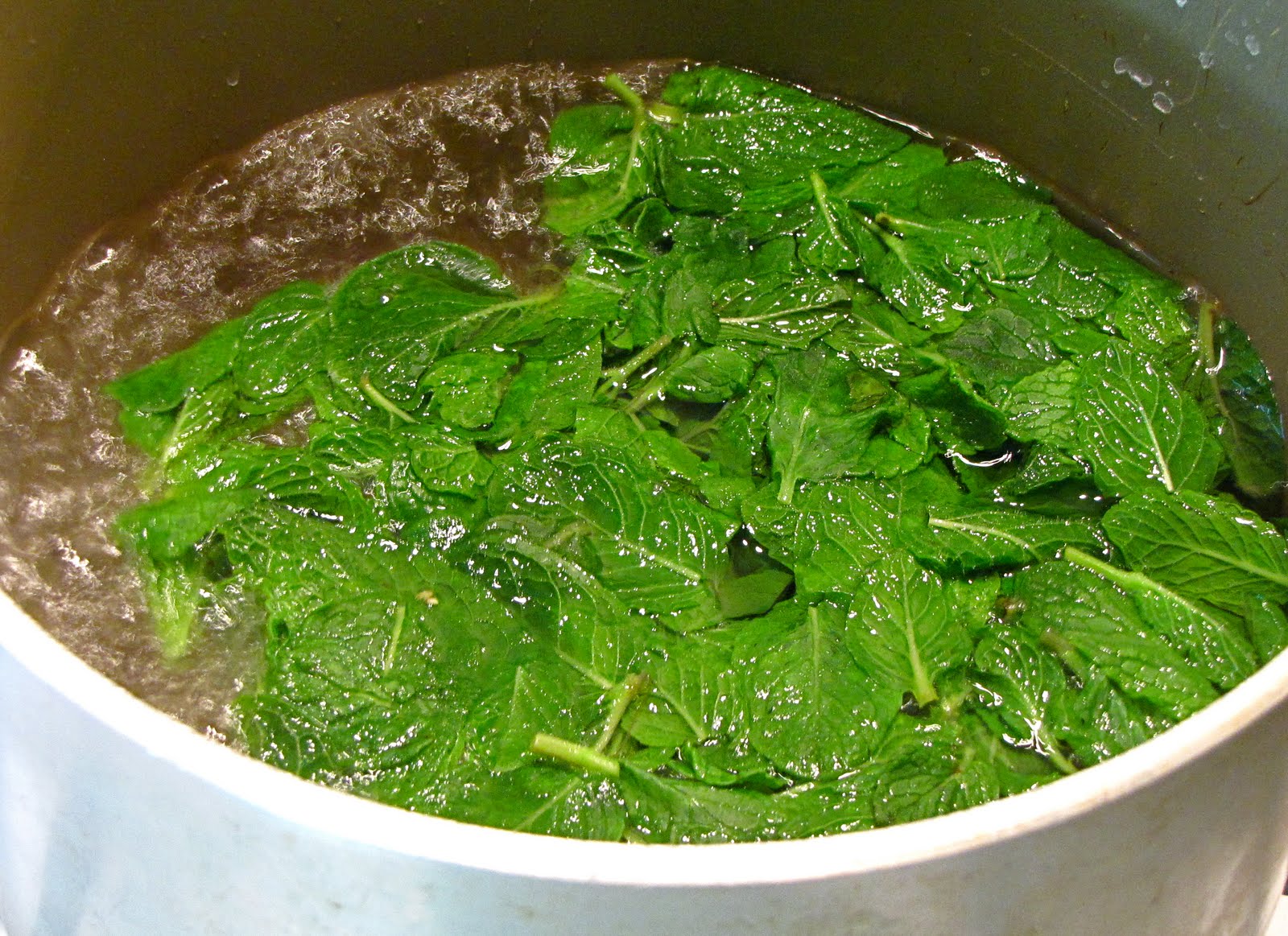 blanch the mint leaves in the boiling water for 2