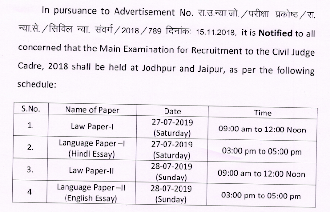 Main Examniation notification for Civil Judge Cadre, 2018