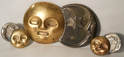 Vintage 1940s William Spratling Mexican Jewelry   Sterling Silver and Copper Sun and Moon Faces   Brooch and Earrings Set 