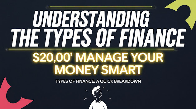 Infographic illustrating the different types of finance such as personal finance, public finance, corporate finance, and investment finance