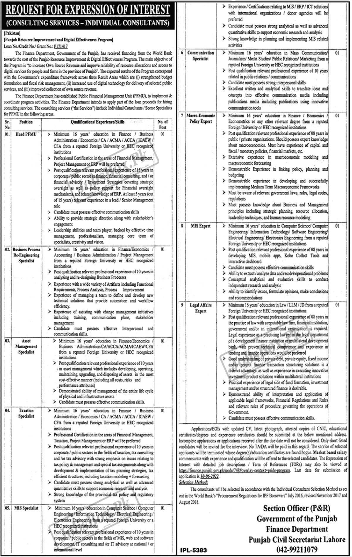Latest Advertisement Of Finance Department Government of Punjab Jobs 2022