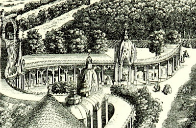 The Chinese temples and arcade with supper-boxes, Vauxhall   from an engraving dated 1751 from South London by W Besant (1899)