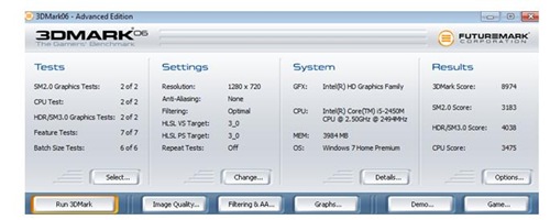SONY VAIO E SVE14A15FG3DMark 06 ( Resolution 1280×720)