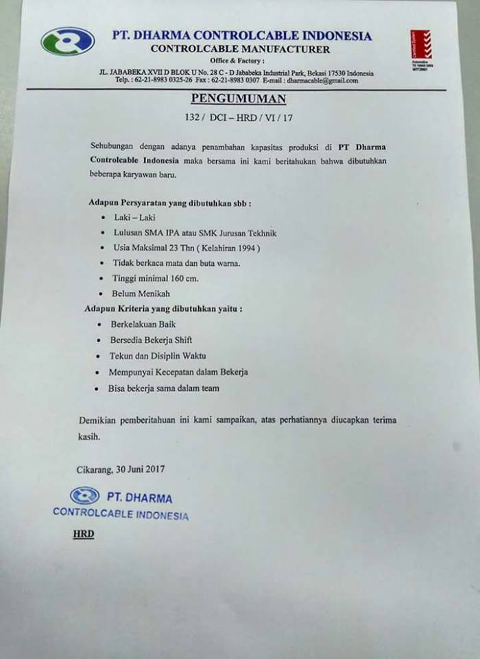 Lowongan Kerja PT Dharma Control Cable Indonesia - Bursa 