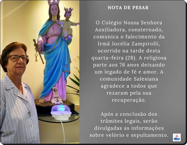 COLÉGIO AUXILIADORA PETROLINA LAMENTA FALECIMENTO DA RELIGIOSA IRMÃ JOCÉLIA ZAMPIROLLI