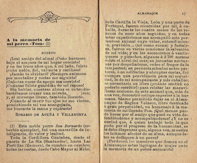 Reproducción de las páginas del Almanaque para 1911 en las que aparece el soneto «A la memoria de mi perro Tom»