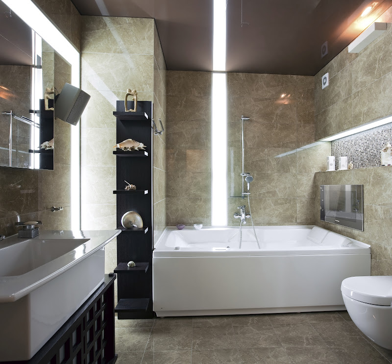 Modern bathroom design with waterproof TV on the wall title=