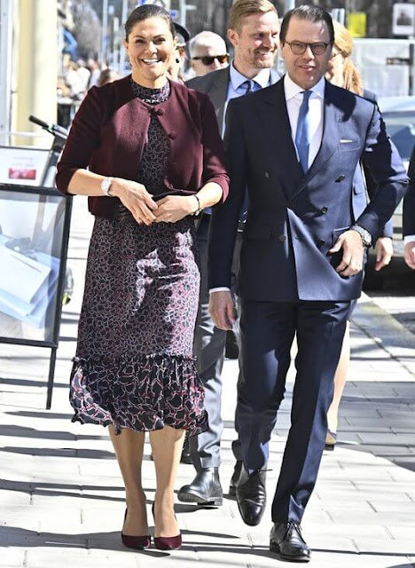 Crown Princess Victoria wore a Lysandra printed dress from By Malina, and a burgundy jacket by Filippa K
