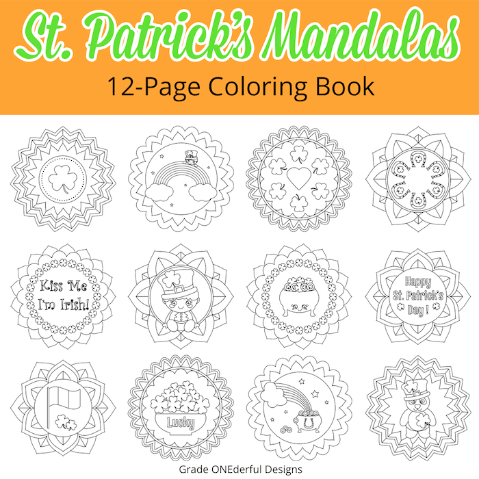 St. Patrick's Day Mandalas: A 12-Page Coloring Book for kids. Includes a free shamrock colouring page! #stpatricksday #stpatricksdaycoloringbook #coloringbookforkids #freecoloringsheet #gradeonederful