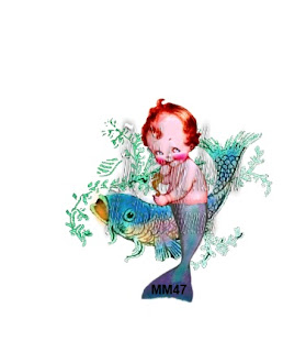 merboy merbaby playing with fish on fabric block by vintagemermaidsfabricblocks.com