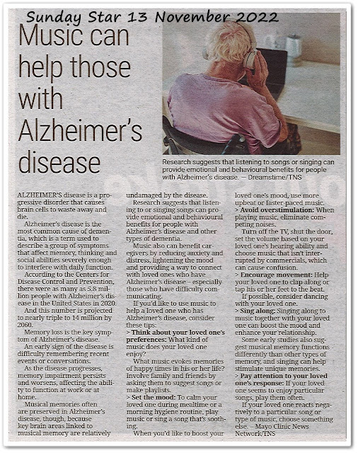 Music can help those with Alzheimer's disease  - Keratan akhbar Sunday Star 13 November 2022