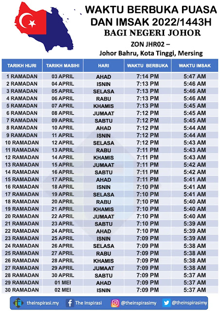 Jadual Waktu Berbuka Puasa dan Imsak Negeri Johor 2022/1443H
