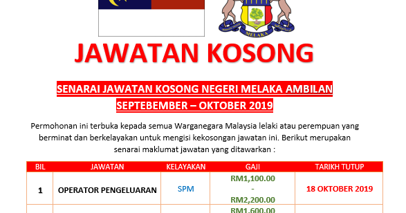 jawatan kosong melaka 2019