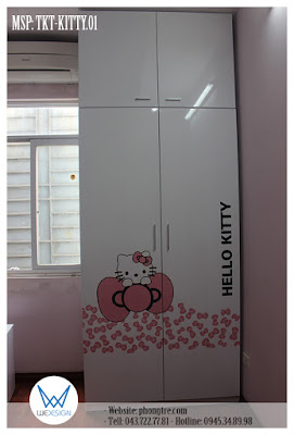 Tủ áo kịch trần trang trí Mèo Hello Kitty ôm nơ màu hồng dễ thương