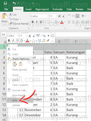 Cara Hide di Excel