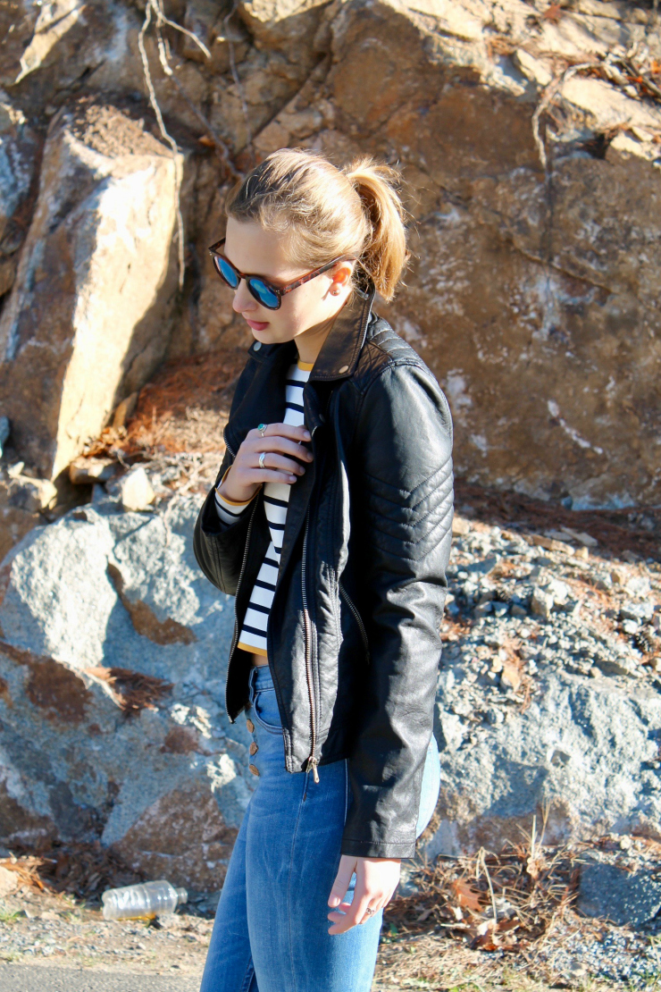 moto jacket, striped shirt and high waisted jeans