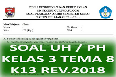   Silahkan gunakan Soal Penilaian Harian  Soal UH / PH Kelas 3 Tema 8 Kurikulum 2013 Revisi 2018
