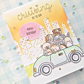 Sunny Studio Stamps: Cruising Critters & Cityscape Border Dies Critters in Car Birthday Card by Franci Vignoli