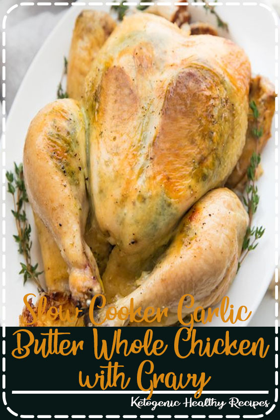 This slow cooker garlic butter whole chicken with gravy is the easiest, most delicious ever way to cook a whole chicken! A fancy garlic butter stuffed under the skin gives this recipe flavor and keeps the chicken moist, and the Crockpot or slow cooker lets you set it and forget it. It's all finished with crispy skin and a gravy you'll want to bathe in! Paleo and Whole30 options, plus it's keto friendly and low carb, too! #slowcooker #chicken
