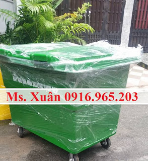 Xe thu gom rác 660 lít màu xanh 4 bánh đựng rác thải sinh hoạt