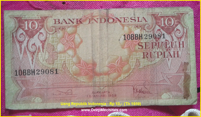 Gambar Koleksi Uang Kertas Langka/ Kuno Indonesia, Nominal Rp 10,- Tahun 1959