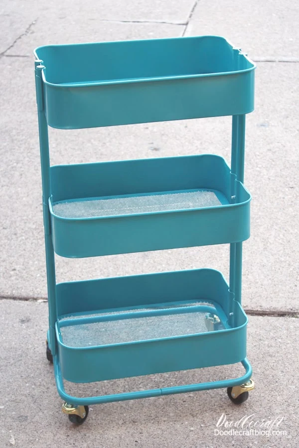 Rolling Storage Cart painted mermaid teal with Colorshot paint and used for storing craft supplies