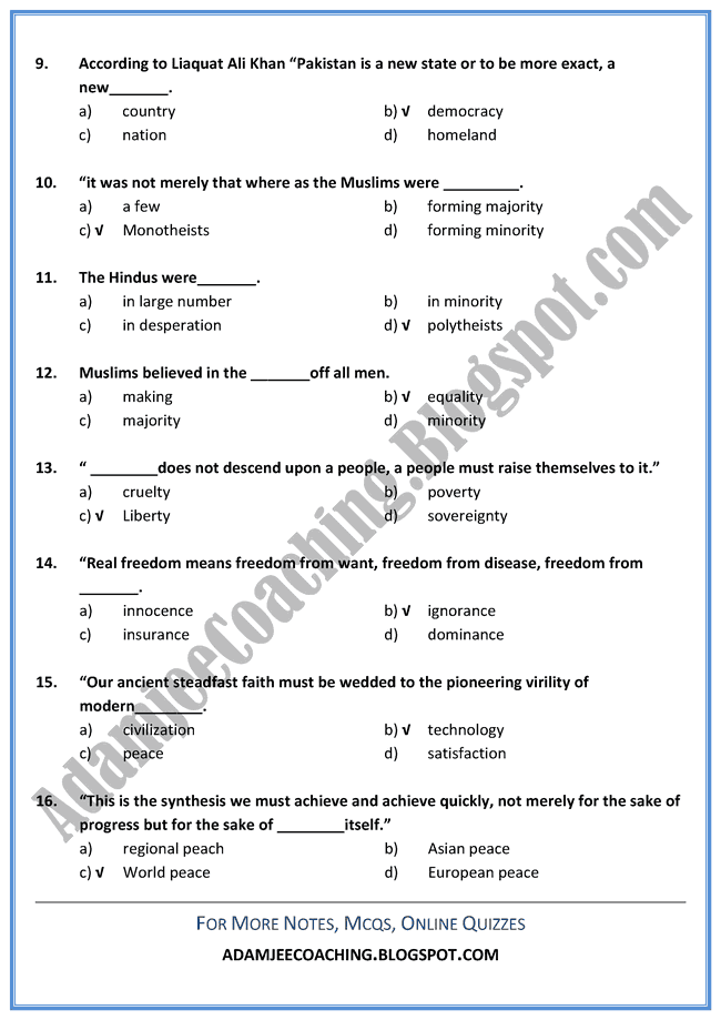 English XII - Pakistan and the Modern World - Mcqs