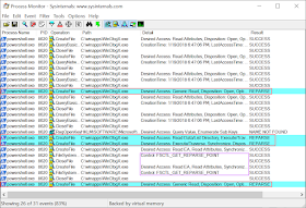 Process Monitor output showing opens to WinDbgX with a "REPARSE" result and also a call to get the reparse point data.