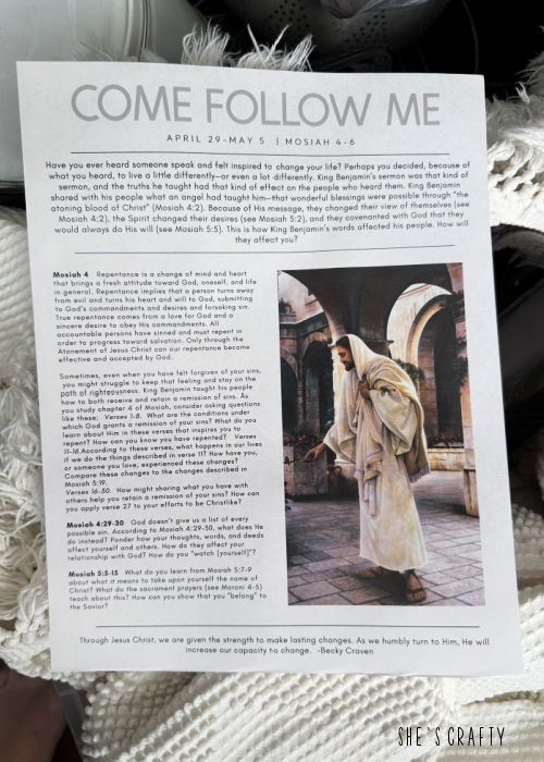 Come Follow Me Printable printed out.