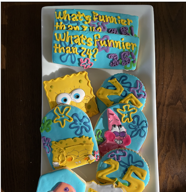 What's Funnier Than 24? 25th Birthday Bash! 25 birthday theme, 25 birthday cookies ideas, Sponge bob birthday cookies, cookie decorating ideas for spongebob 25 birthday, sponge bob 25 birthday party decor, sponge bobo treats