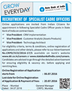 Online Applications are invited for Recruitment of Vice President Posts in State Bank of India (SBI)