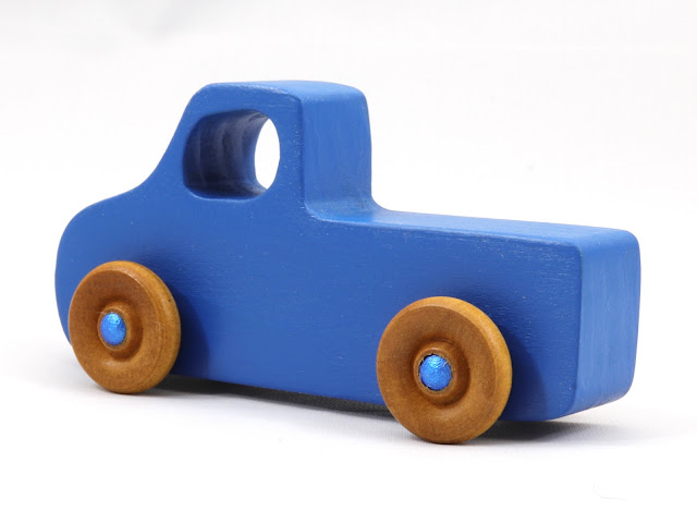 Wood Toy Truck, Handmade and Finished with Indigo Blue & Metallic Blue Acrylic Paint and Amber Shellac, Pickup from the Play Pal Series