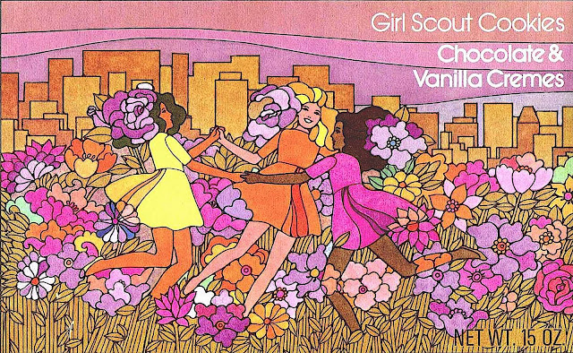 a 1973 Girl Scout cookies box illustration, chocolate and vanilla cream