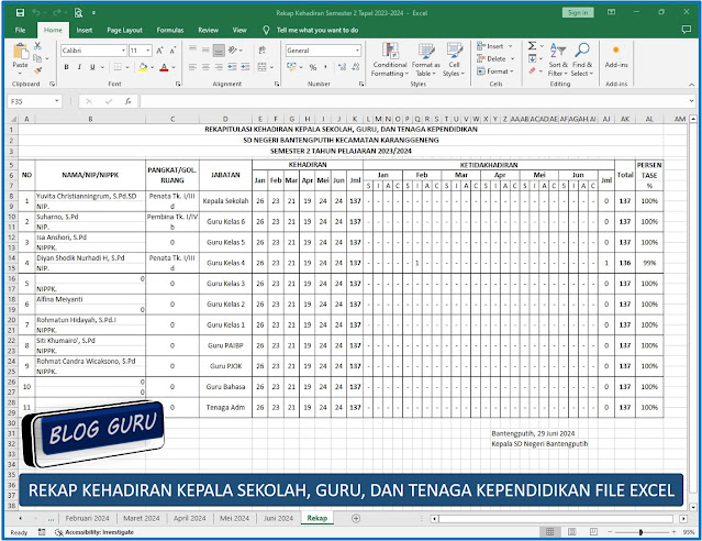 REKAP KEHADIRAN KEPALA SEKOLAH, GURU, DAN TENAGA KEPENDIDIKAN FILE EXCEL