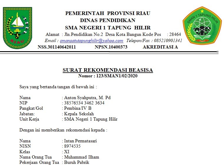 Contoh Surat Rekomendasi Beasiswa Dari Kepala Sekolah SD/SMP/SMA