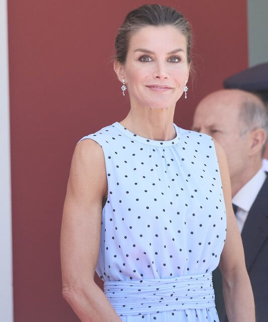 Queen Letizia wore a new blue polka-dot sleeveless midi dress by & Me Unlimited. And Me Unlimited Gabriela Dress
