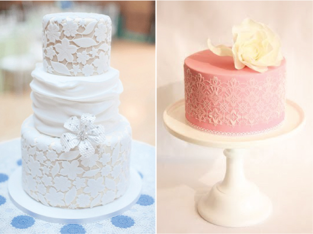 Different pastel colors of lace and even buttons over a white cake look