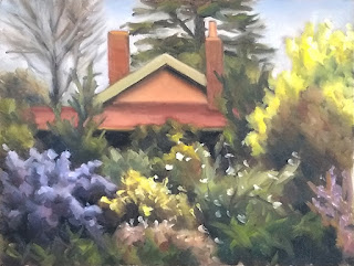 Oil painting of a house with a gabled roof and chimneys surrounded by trees and shrubs.