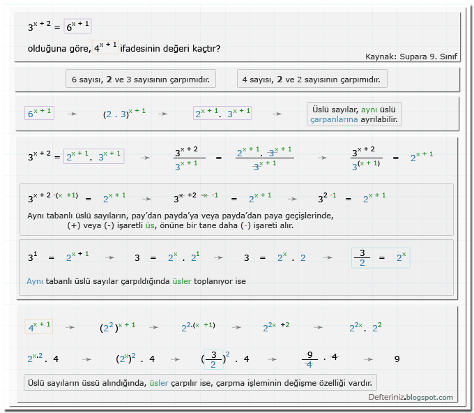 Örnek soru 6 » Üslü denklemler » üslü sayıların özellikleri (Kaynak: Supara 9. Sınıf).
