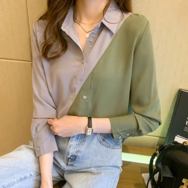 Women Shirts 2021 Spring Autumn Long Sleeve Patchwork Loose Blouses Female Tops Korean Style Elegant Blusas Plus Size