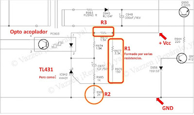 Arreglo con el TL431 donde  R1 está compuesta por varias resistencias en serie.