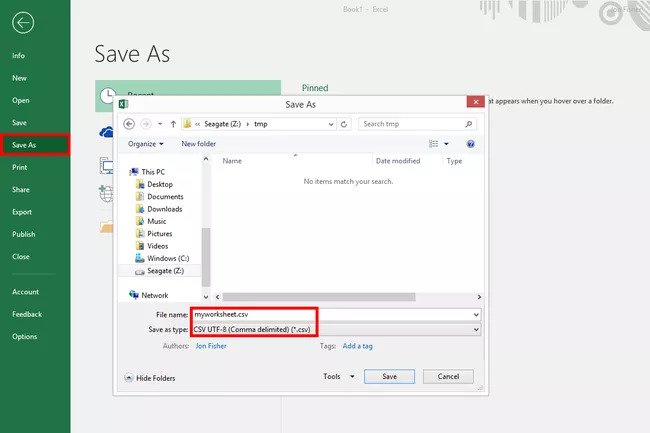 Cuplikan layar memperlihatkan cara convert file XLSX di Excel di Windows 8