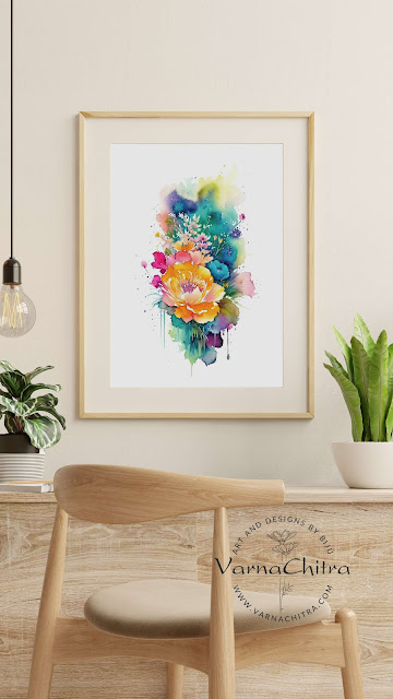 Painterly watercolor painting of wild flowers in expressive watercolor, high quality large size instant download printable for any interors by Biju P Mathew, varnachitra