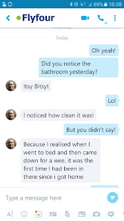 a screenshot of the Skype Conversation my husband and I had