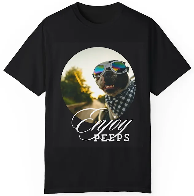 Unisex Garment Dyed Comfort Colors T-Shirt With French Bulldog Wearing Sunglasses and Plaid Scarf is Looking Out the Open Window During the Car Ride and Caption Enjoy Peeps